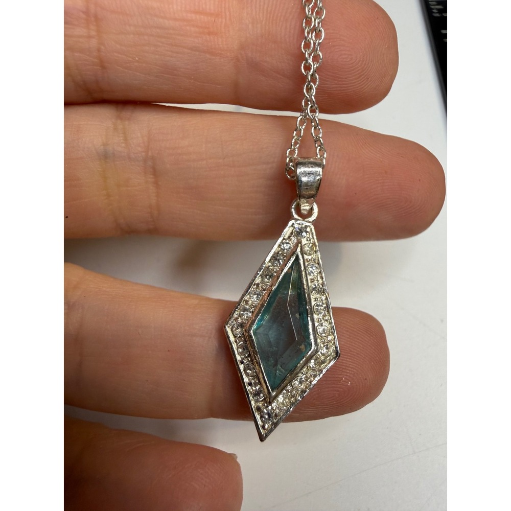 Silver Tone Teal Blue Rhombus Pendant Necklace with Rhinestone Halo Accent